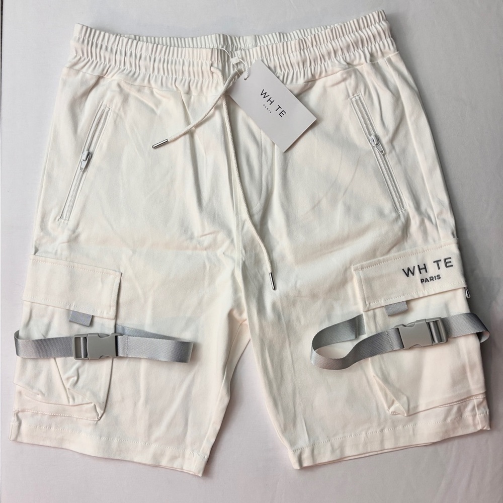 WHTE Paris Utility Cargo Shorts Men’s Cream White Buckle Detail, NWT, Size M